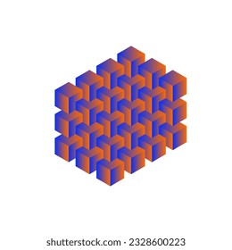 3d orange and blue gradient isometric cube pattern structure. Faceted blocks vector illustration.