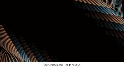Capa abstracta del traslape del fondo del techno azul anaranjado 3D en el espacio oscuro con la decoración brillante de las líneas