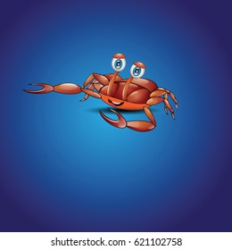 3d orange brown crab with a glossy shell with blue background