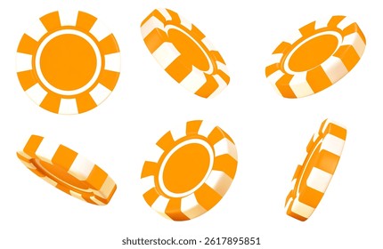 3d orange casino poker chips. Orange and white chips for betting and gambling games. Stock vector illustration on isolated background.	
