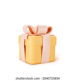 3d orange closed gift box standing on the floor with yellow pastel ribbon bow isolated on a light background. 3d render modern holiday surprise box. Realistic vector icon