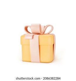 3d orange closed gift box standing on the floor with yellow pastel ribbon bow isolated on a light background. 3d render modern holiday surprise box. Realistic vector icon