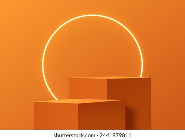 3D orange cube podium pedestal level background set with glowing neon ring wall scene. Minimal mockup product, Vector stage showcase, Cosmetic banner promotion display. Abstract geometric platforms.