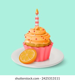 3d Orange Cupcake with Candle Sweet Dessert Food Cartoon Style on a Background. Vector illustration of Muffin with Cream