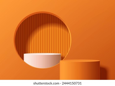 3D orange cylinder podium background with white pedestal in circle window and vertical pattern scene. Minimal mockup product stage showcase, banner promotion display. Abstract vector geometric forms.