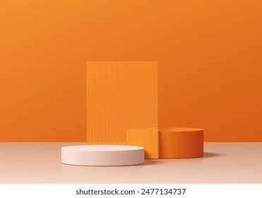 3D orange cylindrical podium background with square partition between scene. Minimalist 3D mockup pedestal, Abstract product display presentation, Stage showcase. Platforms vector geometric design.