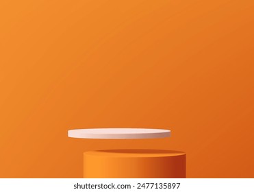 3D orange zylindrische Podiumhintergrund mit schwebender weißer runder Podestszene. Minimalistisches 3D-Mockup-Sockel, Abstrakte Produktpräsentation, Bühnenvitrine. In: Platforms Vektorgrafik Geometric Design.