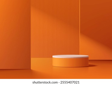 3D orange cylindrical podium background with light shadow orange wall scene. Minimalist 3D mockup pedestal. Abstract stand product display presentation, Stage for showcase. Vector platforms design.