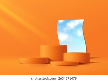 Fundo de pódio cilíndrico laranja 3D com céu azul no espelho de vidro. Quarto de estúdio. Pedestal de maquete minimalista. Apresentação abstrata da exposição do produto do suporte. Estágio para showcase. Design de plataforma vetorial.