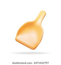 3d orange dustpan icon isolated on white. Render hand dust pan symbol, cleaning plastic scoop. House cleaning equipment. Household accessories. Realistic vector illustration