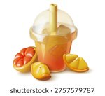 3D Orange fresh juice in a plastic takeaway cup with ice. Cold summer drink with fruit slices. Cute realistic vector illustration.