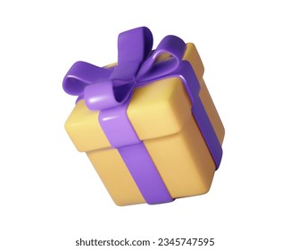 3d Orange gift box closed with purple pastel ribbon bow isolated on a white background. Halloween holiday modern surprise box. Realistic vector icon for birthday or wedding banners