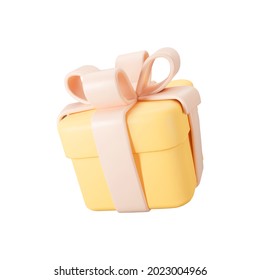 3d orange gift box with pastel ribbon bow isolated on a white background. 3d render flying modern holiday surprise box. Realistic vector icon for present, birthday or wedding banners