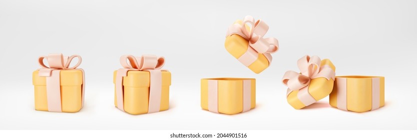3d orange gift boxes open and closed standing on the floor with yellow pastel ribbon bow isolated on a light background. 3d render modern holiday surprise box. Realistic vector icons