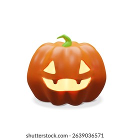 3d orange Halloween pumpkin. Glowing scary decoration for October holiday. Three-dimensional vector illustration spooky face light. Autumn Jack o lantern carved cute vegetable