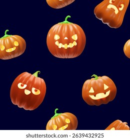 3d orange Halloween pumpkins pattern. Glowing scary decoration for October holiday. Three-dimensional vector illustration spooky face light. Autumn Jack o lantern carved vegetable evil celebration