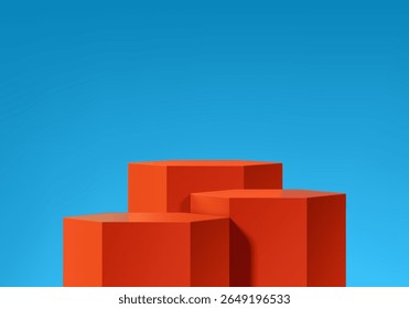 Fondo de podio de hexágono naranja 3D con escena de cielo azul en concepto de verano. Pedestal minimalista de la maqueta, presentación cosmética Abstractas de la exhibición del producto del soporte, etapa para el escaparate. Diseño de Vector de plataformas