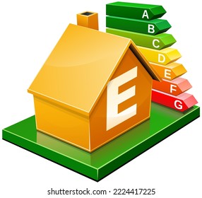 Casa naranja 3D con la letra E inscrita en ella con el símbolo de eficiencia energética en segundo plano (tachado)