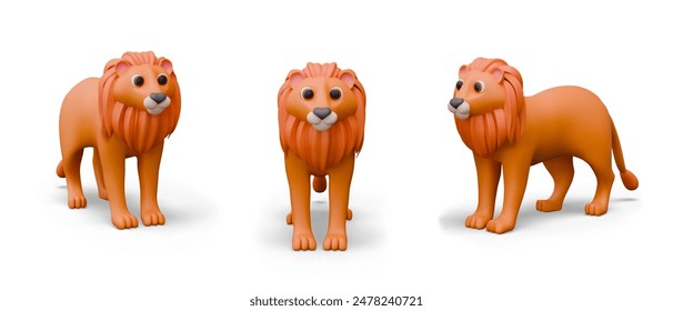 3D orange lion in cartoon style. Predatory vector animal in different positions
