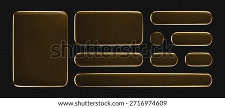 3D orange liquid glass buttons with transparent neon futuristic effect, isolated on dark background. Yellow liquid glass frame, UI UX elements for phone app or game interfaces. 3D tech digital vector