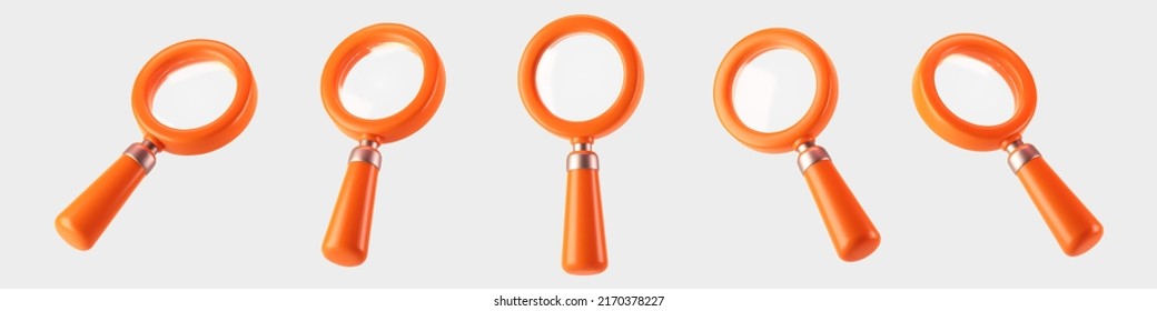 3d orange magnifying glass icon set isolated on gray background. Render minimal transparent loupe search icon for finding, reading, research, analysis information. 3d cartoon realistic vector