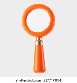 3d orange magnifying glass icon isolated on gray background. Render minimal transparent loupe search icon for finding, reading, research, analysis information. 3d cartoon realistic vector