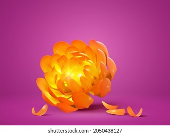 Flor de mariscos de 3d naranja con pétalos sobre fondo morado. Símbolo de la festividad otoñal y mexicana Día de los muertos.