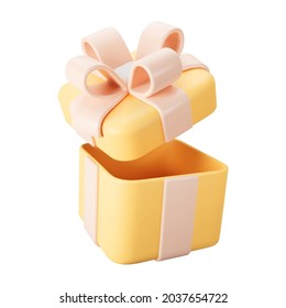 3d orange open gift box with pastel ribbon bow isolated on a white background. 3d render flying modern holiday open surprise box. Realistic vector icon for present, birthday or wedding banners