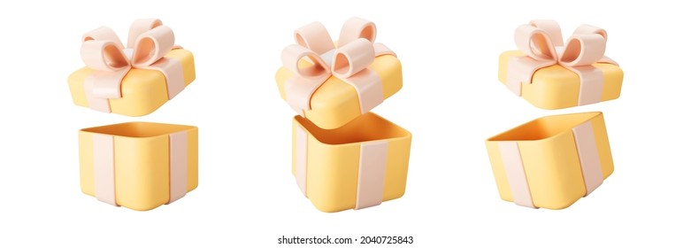 3d Orange Open Gift Box Set With Pastel Ribbon Bow Isolated On A White Background. 3d Render Flying Modern Holiday Open Surprise Box. Realistic Vector Icon For Present, Birthday Or Wedding Banners