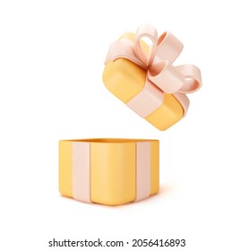 3d orange open gift box standing on the floor with pastel ribbon bow isolated on a light background. 3d render modern holiday surprise box. Realistic vector icon