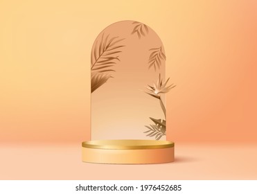 3d orange palm render for summer tropical. background product display podium scene with holiday tropical platform. summer background vector 3d with podium. stand for cosmetic product display