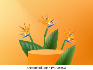 3d orange palm render for summer tropical. background product display podium scene with holiday tropical platform. summer background vector 3d with podium. stand for cosmetic product display
