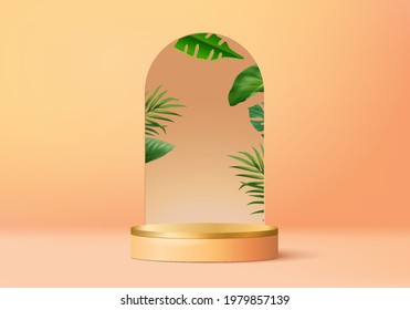 3d orange palm render for summer tropical. background product display podium scene with holiday tropical platform. summer background vector 3d with podium. stand for cosmetic product display