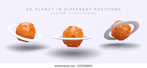 3D orange planet with craters. Vector object in different positions. Unknown planet with belt of satellites. Set of isolated images for web design. Cute illustrations on space theme