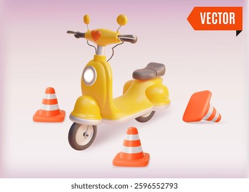 3d Orange Plastic Cones and Scooter Set Cartoon Design Style. Vector illustration of Safety and Alert Concept