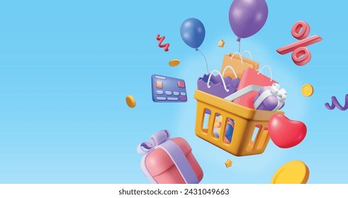 Cesta de compras de plástico naranja 3D con cajas y bolsas de regalo. Haga que su carrito de compras sea realista y lleno de compras. Concepto de compras. Vista frontal de la cesta del supermercado. Ilustración vectorial de dibujos animados