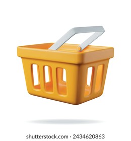 Cesta de la compra de plástico naranja 3D aislada en blanco. Icono de carrito de compras realista. Vista frontal de la cesta del supermercado de compras vacía. Ilustración vectorial de dibujos animados