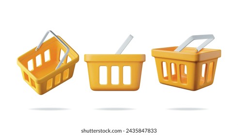 3D Orange Plastic Shopping Basket from Different Angles Set Isolated. Render Collection of Realistic Shopping Cart Icon. Empty Shopping Supermarket Basket Front View. Cartoon Vector Illustration