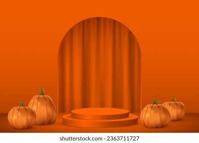 3D orange podium, curtain in arch of doorway and Halloween pumpkins vector illustration. Realistic showcase pedestal for products presentation, empty stage with two platforms and niche in wall.