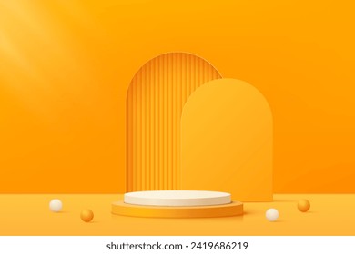 3d orange podium pedestal platform with geometric backdrop on orange background for product display, presentation, advertising. 
