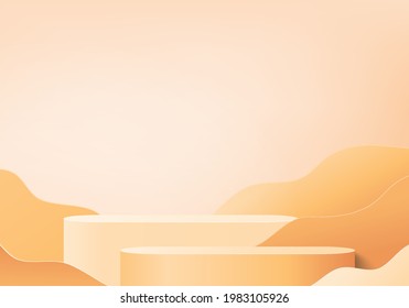 3d orange podium render for summer tropical. background product display scene with holiday tropical platform. summer background vector 3d with podium. stand for cosmetic product display