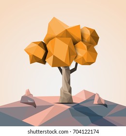 3D orange polygonal tree in the mountains with heat, vector illustration