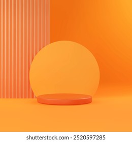 3D orange product platform with reeded translucent glass. Bright realistic podium scene. Minimal vector background for sale and promotion banner