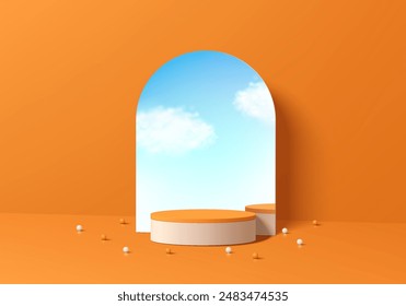 Fondo de podio de producto naranja 3D con cielo azul reflejado en forma de arco de vidrio. Composición Abstractas en diseño minimalista. El pedestal del producto de la sala de exposición del estudio, escena de la maqueta del escaparate de la moda.