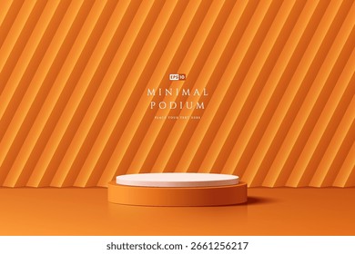 3D orange product podium background with oblique vertical pattern wall backdrop. Abstract composition in minimalist design. Studio display showroom stands pedestal, Fashion stage showcase mockup scene