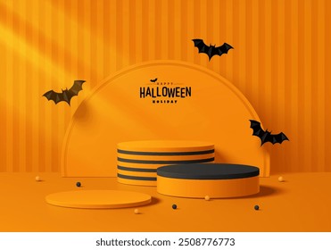 3D orangefarbener runder Podiumhintergrund in Halloween-Festivalkonzept. Abstrakte Komposition in minimalistischem Design. Studio-Display-Showroom-Produkt-Sockel, Fashion-Bühne Showcase-Mockup-Szene. Vektor-EPS10.