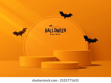 3D orange round podium background in halloween festival concept. Abstract composition in vector minimalist design. Studio display showroom stand product pedestal, Fashion stage showcase mockup scene.