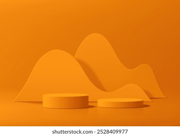 Fondo de podio redondo naranja 3D con capas de fondo de pared ondulado. Composición geométrica Abstractas de diseño minimalista. Pedestal del producto del soporte de la sala de exposición del estudio, escena de maqueta del escaparate de moda.