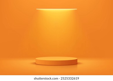 3D orange round podium with ceiling neon lighting background. Abstract geometric composition in minimalist design. Studio display showroom stand product pedestal, Fashion stage showcase mockup scene.