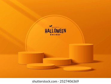 3D orange round podium set background in Halloween festival theme. Abstract geometric composition in minimalist design. 3D studio display showroom product pedestal, Fashion stage showcase mockup scene